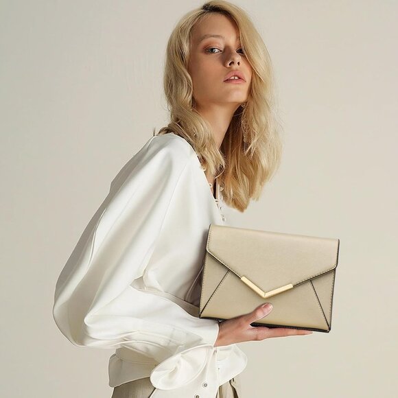 ⚡ Women's Gold Leather Elegant Snap Closure Envelope Foldover Clutch Bag - Picture 1 of 7